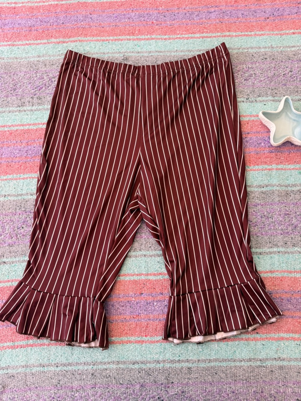 SHEIN 2XL Brown Striped Stretch Capri Pants Ruffle Hem Elastic Waist